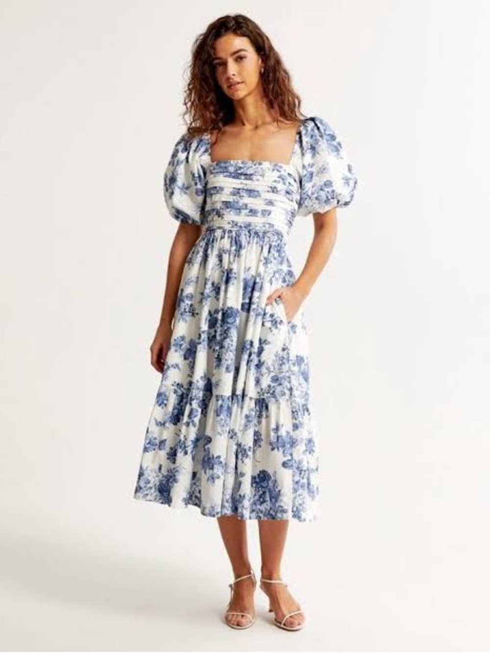 Abercrombie & Fitch White Midi Dress with Blue Floral Print